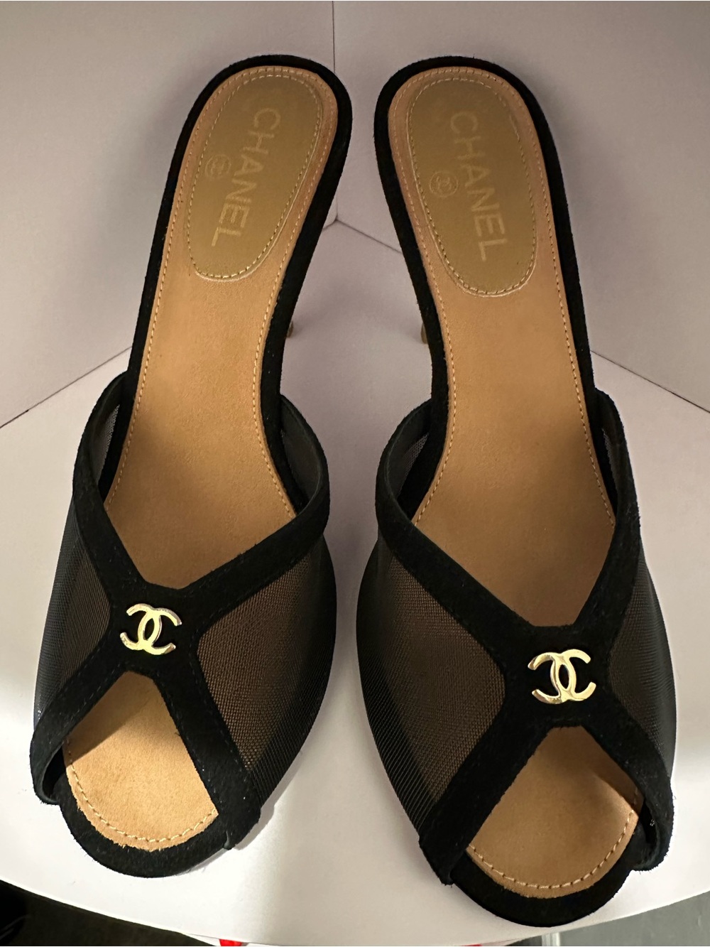 Chanel Black Open-Toe Mesh Mule Sandals